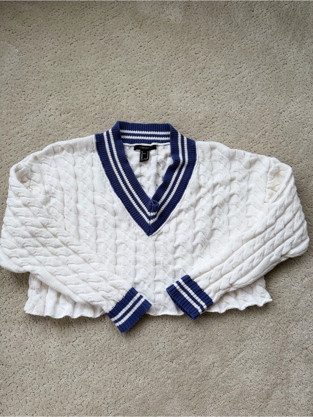 Forever 21 White Cable-Knit V-Neck Sweater with Navy Trim